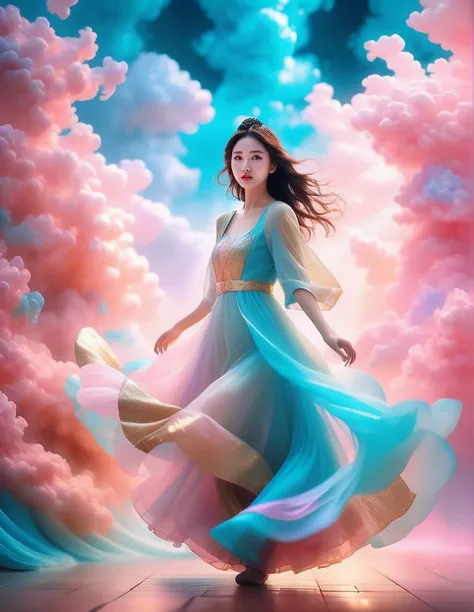 1. Little Girl, Solitary, Under the Deep Sea, underwater dance；Beautiful Inner Glow；Wearing pink Hanfu，Gorgeous dance shoes，Fairy the same，underwater dance；dancer；Golden water，Bright and shiny underwater world，金色的bubble； Deep Shadows, Extraordinary details, bubble, spark, Sun streaks,beam， seabed, dark, whole body, swirl, Golden Light, Embed:Average runoff, masterpiece, high quality, 4K，Dunhuang art style；The art of flying；