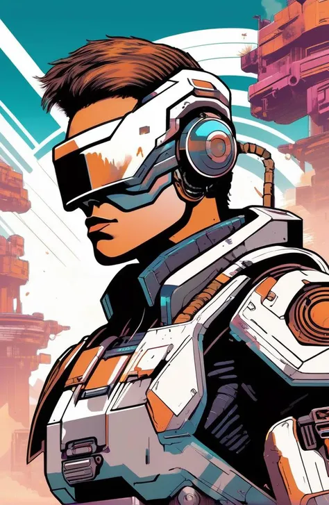 style-rustmagic, solo, upper body, looking at viewer, detailed background, detailed face, (<lora:RetrowaveTech:0.6>, 1980s, virtual, retrowavetech theme:1.1), cyborg trooper, saboteur, wearing brown battle-gear, dirt, futuristic arc gun, energy-shield, smirk, bionic eye, cybernetics, airplanes in background, bloom, cinematic atmosphere,