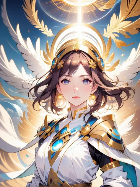 anime, anime style, (style-swirlmagic:0.9), portrait, looking at viewer, solo, (full body:0.6), detailed background, close up, shining (<lora:BlessedTech:0.6>,   scifi, blessedtech theme:1.1), divine deity of the skies, sunshine, flying,   floating feathers in the air, clouds in background, majestic divine atmosphere, bright light, holy aura, bloom,  divine light, white clothes,   relaxed composure,