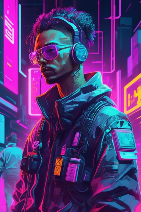 (Overprocessed Vector image:1.3) of (Technical illustration:1.3) of ((A skilled hacker in a cyberpunk-inspired outfit with neon lighting and holographic tattoos. The color palette features vibrant neons, dark cyberpunk hues, and glowing circuitry, creating a mood of digital rebellion and tech-savvy expertise:1.3)), Volumetric Lighting, Volumetric Light, Volumetric, Natural Lighting, absurdres, high resolution, (8k resolution), 8k, 8kres, 8k res, high details, detailed and intricate, intricate details, high intricate details, absurd amount of details, super resolution, ultra hd, megapixel, Deep Focus, Hip Level Shot, Quarter Turn Camera Staging, From Front, From Side, "Frontal Full Body Pose, Highlights the overall body shape and symmetry", "Futuristic, Sci-fi, Sleek, Cutting-edge", <lora:add-detail-xl:1>,(Flat style:1.3),Illustration,Behance,(close portrait:1.3),thematic background