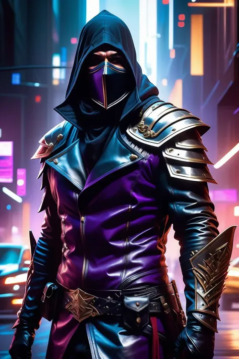 (Vivacious Digital Artwork:1.3) of (Ultra detailed:1.3) of ((A mysterious assassin clad in dark leather armor, their face hidden by a mask. Stealthy blacks, deep purples, and hints of lethal silver. Stealthy and deadly.:1.3)), Volumetric Lighting, Volumetric Light, Volumetric, Natural Lighting, absurdres, high resolution, (8k resolution), 8k, 8kres, 8k res, high details, detailed and intricate, intricate details, high intricate details, absurd amount of details, super resolution, ultra hd, megapixel, Deep Focus, Hip Level Shot, Quarter Turn Camera Staging, From Front, From Side, "Frontal Full Body Pose, Highlights the overall body shape and symmetry", "Futuristic, Sci-fi, Sleek, Cutting-edge", <lora:add-detail-xl:1>,CGSociety,ArtStation,(close portrait:1.3),thematic background