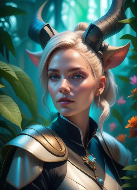 best quality, masterpiece, of a female, dressed as a Inquisitor, with blonde hair, with a female fantasy hairstyle, wearing a horns, close-up, sat, In a vibrant jungle where plants and flowers sing in harmony,, realistic, concept art, cinematic, volumetric lighting, highly detailed, 8k