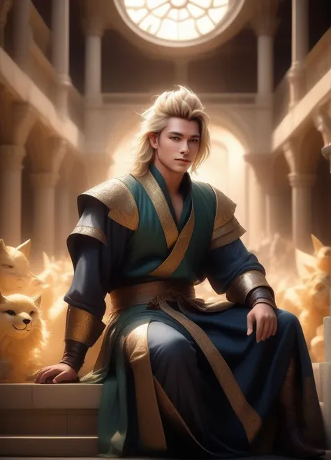 best quality, masterpiece, of a male, dressed as a Artisan, with blonde hair, with a male fantasy hairstyle, wearing a kitsunemask,  <lora:kitsunev0.4:0.9>, portrait, sat, In a grand coliseum where mythical creatures compete,, realistic, concept art, cinematic, volumetric lighting, highly detailed, 8k