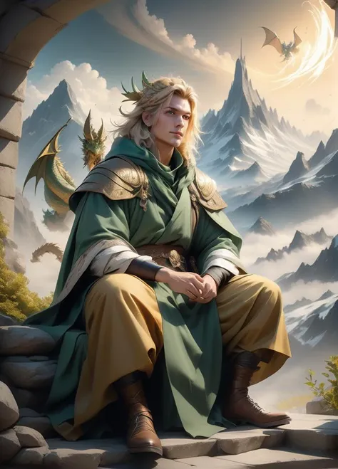 best quality, masterpiece, of a male, dressed as a Sage, with blonde hair, with a male fantasy hairstyle, wearing a hood, dutch angle, sitting, In a mountain peak reaching into the heavens, with dragons circling around,, realistic, concept art, cinematic, volumetric lighting, highly detailed, 8k