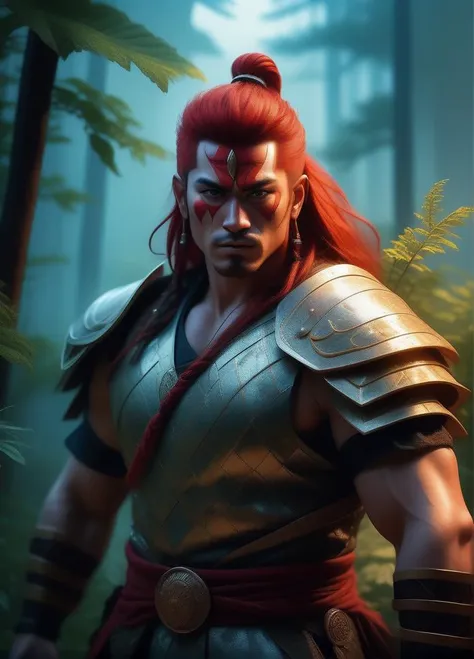 best quality, masterpiece, of a male, dressed as a Barbarian, with red hair, with a male fantasy hairstyle, wearing a samurai mask, SamuraiPunkAI, <lora:SamuraiPunkAIv3:.5>, close-up, standing, In a mystical forest at dusk, illuminated by bioluminescent plants and inhabited by mythical creatures,, realistic, concept art, cinematic, volumetric lighting, highly detailed, 8k