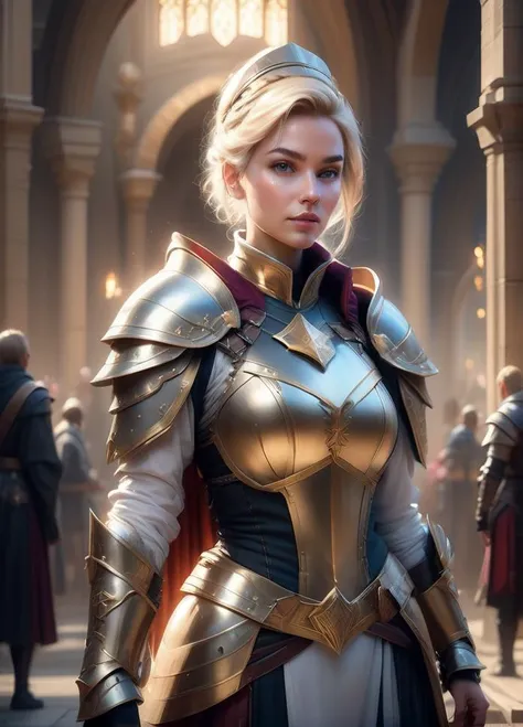 best quality, masterpiece, of a female, dressed as a Paladin guard <lora:RPGGuard:.9>, with blonde hair, with a female fantasy hairstyle, wearing a headscarf, medium shot, stood, In a magical academy where young wizards and witches learn their craft,, realistic, concept art, cinematic, volumetric lighting, highly detailed, 8k