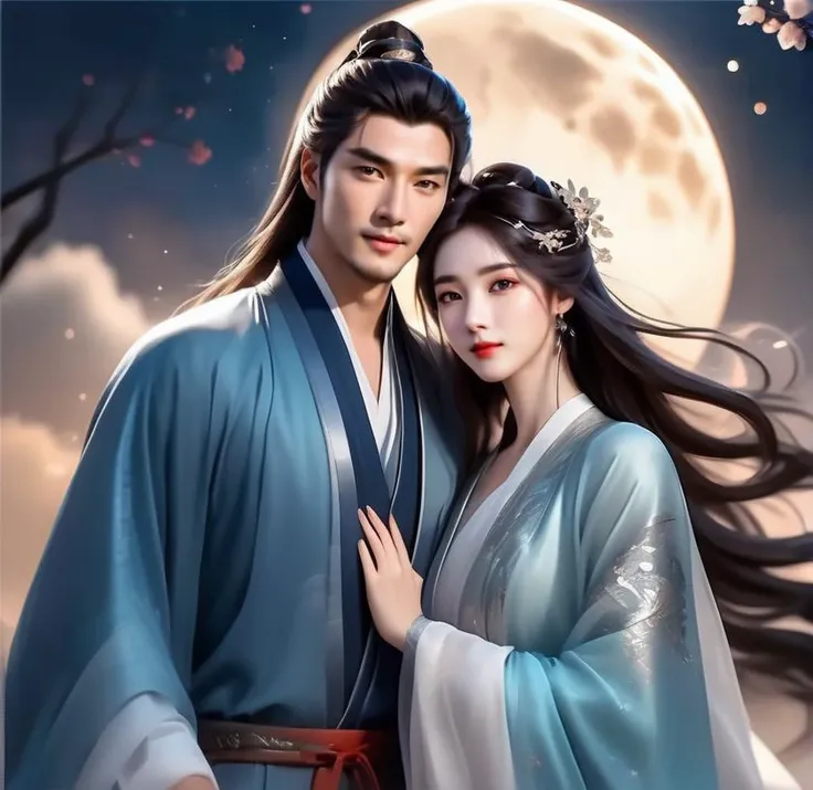 (best quality),(photo-realistic:1),realistic skin texture,bokeh,face focus,looking at viewer,from below,couple,male and female,long hair,white hair,full_body,slim body,upper body,Song Dynasty,gorgeous,Chinese hanfu,long sleeve, sky, cloud, moon, night