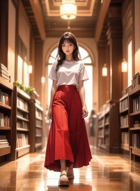 (masterpiece, best quality:1.5)
1girl, arms at sides, bangs, black hair, blurry, book, book stack, bookshelf, brown eyes, brown hair, closed mouth, food, fruit, full body, hallway, indoors, library, lips, long hair, long skirt, looking at viewer, mysterious, realistic, red skirt, reflective floor, sandals, shirt, short sleeves, skirt, solo, standing, sunlight, t-shirt, walking, white shirt, window