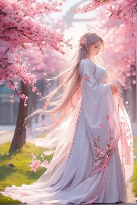 (masterpiece , best_quality:1.5 ),
1girl, branch, breasts, cherry blossoms, closed eyes, dress, flower, from side, hair flower, hair ornament, long dress, long hair, long sleeves, petals, pink flower, pointy ears, profile, solo, standing, very long hair, white dress, white hair, wide sleeves