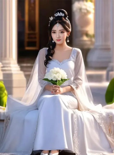 (masterpiece, best quality:1.5)
realistic, 1girl, black hair, dress, flower, hair bun, hair ornament, jewelry, looking at viewer, sit, sitting, solo, white dress, white theme
