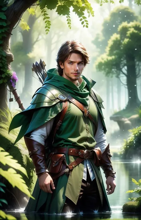 (masterpiece,best quality:1.5),Style-GravityMagic, portrait, looking at viewer, solo, half shot, detailed background, detailed face, (<lora:DonMASKTex:0.4>, scifi, energy tubes,   DonMASKTex theme:1.1) robin hood, light smile,  medieval fantasy setting, high fantasy, green  leather clothes, capelet,  hood,  straps, belt, enchanted forest, bushes,  ivy, rocks, lake, (Style-SwampMagic:0.4), oak trees,  moss, falling leaves, ferns, flowers, birds, feathers, wildlife,  crossbow,  
fantasy, mysterious