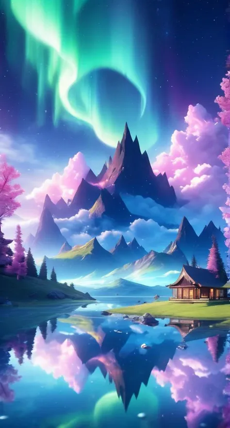 aurora, cloud, cloudy sky, crescent moon, crystal, fantasy, fantasy background, moon, mountain, night, night sky, no humans, outdoors, reflection, scenery, sky, star \(sky\), starry sky, water
<lora:sdxl_isoland:1>