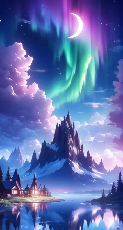 aurora, cloud, cloudy sky, crescent moon, crystal, fantasy, fantasy background, moon, mountain, night, night sky, no humans, outdoors, reflection, scenery, sky, star \(sky\), starry sky, water
<lora:sdxl_isoland:1>