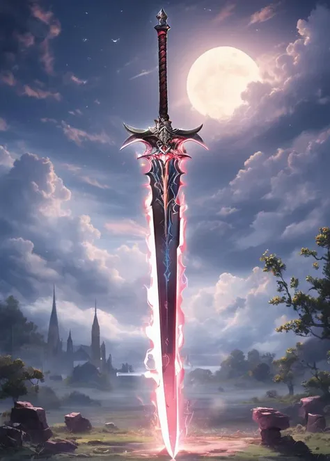 Arcana weapon, cloud, fantasy, fire, greatsword, moon, night, night sky, no humans, outdoors, planted, planted sword, scenery, sky, sword, weapon