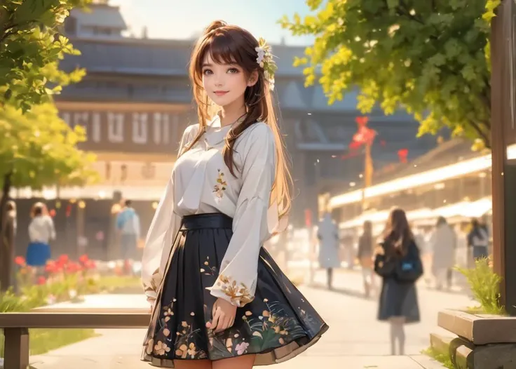 (masterpiece, best quality:1.5) 
1girl, solo, smile, looking at viewer, blush, brown eyes, brown hair, long hair, hair ornament, long sleeves, outdoors, ponytail, floral print, bangs, skirt, architecture