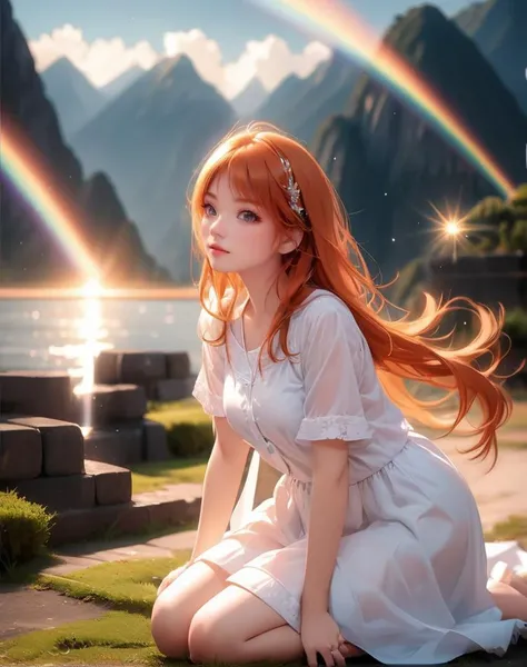 kawaii petite minor 1girl eyeliner skindantation medium breasts (eyes visible through hair)
vermilion eyes,
pale orange hair,
long hair ,
side ponytail,
drill hair ,
bangs,
sideburns ,
:>,
embarrassed ,
amber sundress, white blouse high socks sandales
Machu Picchu, warm light sunset, rays light sparkles lens flare deep shadows, depth of field peerless scenery sentimental