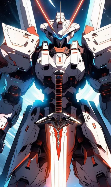 Giant mech in space, swords in hand, Tsutomu Nihei style, Sidonia no Kishi, anime, gigantism, space, futuristic style, Sci-fi, in motion, fighting, hyper detailed, laser in space, energy clots, acceleration, light flash, speed, Drawing, First-Person, 8K, HD, Super-Resolution, manga graphics