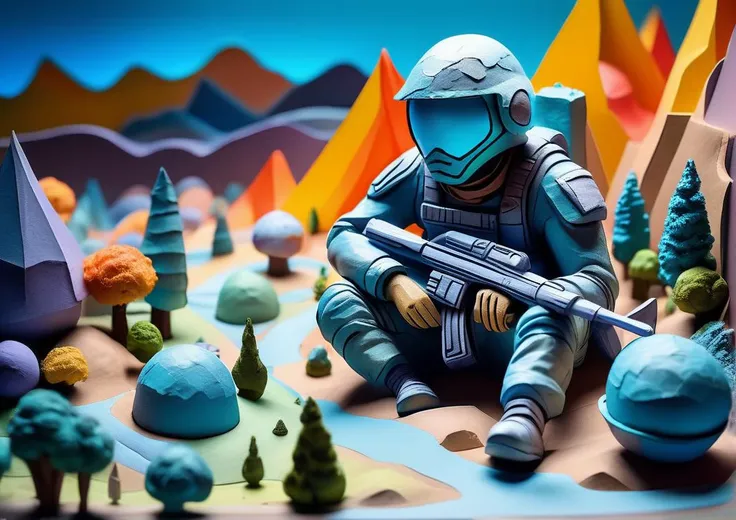Paper mache representation of tired futuristic soldier looking down a battlefield on a different planet . 3D, sculptural, textured, handmade, vibrant, fun