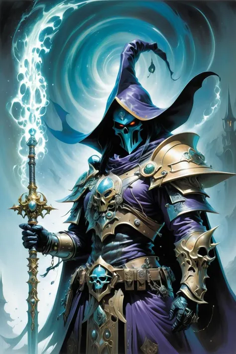 (Imaginary Painting:1.3) of (Graphic novel:1.3) of (Warhammer 40k:1.3), Eldar Farseer, Ornate wraithbone armor paired with a psychic hood, wielding a witch staff and shrouded in swirling energies, (art by Simon Bisley:1.5) and (art by Frank Frazetta:1.4) , <lora:EnvyCyborgXL01:0.4>,  <lora:FaeTastic2:.5>