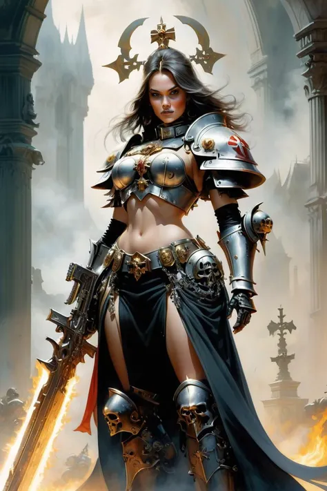 Masterpiece, Best Quality, Official Art, (Highly Detailed CG Unity 8k wallpaper), Detailed background, (Hands by Guido Daniele: 1.1). Full body pose sexy sisters of battle from the warhammer 40k, shooting at the enemy, white armor with intricate details, red armor with intricate details, religous symbols on the armor, sisters of battle, warhammer 40k, Massive silicone breast, pale skin, seductive, temptation, eat your soul, clevage, long flowing black hair with purple highlights, heavy gothic makeup, at night, neon, beautiful detailed eyes, beautiful detailed lips, extremely detailed eyes and face, long eyelashes, highly detailed armor, intricate futuristic weaponry, dramatic lighting, cinematic composition, muted color palette, gritty and realistic, mecha, science fiction, hyper-detailed, photorealistic, award winning digital art, 8k, HDR, masters work, in the middle of a battle field, full body combat action pose, explosions and fire around, full war, stunning, Stilleto heels, high heels, full body pose, cinematic, movie trailer, final stand!, nemesis, ready to strike, dust and debree, combat screams, attacking, shooting at the enemy, running forward, last line of defense, charging, fanatic, religious, templar knights, sisters of battle, warhammer 40k