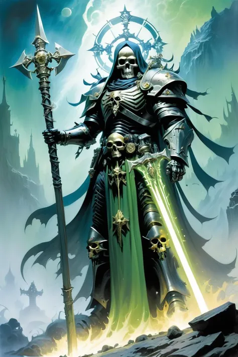 (Imaginary Painting:1.3) of (Graphic novel:1.3) of (Warhammer 40k:1.3), Necron Overlord, Gleaming skeletal frame enshrouded in a resplendent cloak, armed with a staff of light and a staff of destruction, (art by Simon Bisley:1.5) and (art by Frank Frazetta:1.4) , <lora:EnvyCyborgXL01:0.4>,  <lora:FaeTastic2:.5>