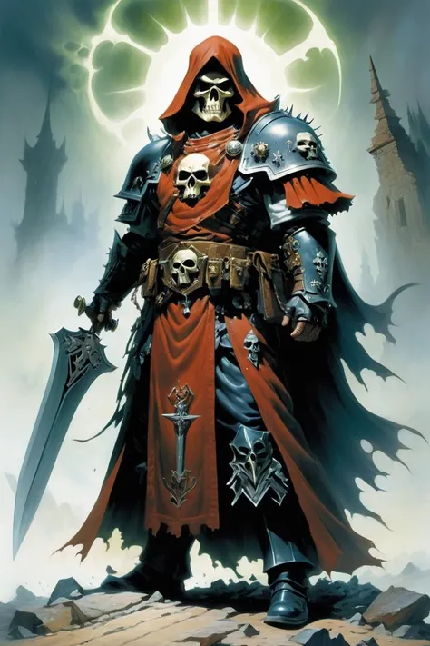 (Imaginary Painting:1.3) of (Graphic novel:1.3) of (Warhammer 40k:1.3), Chaos Cultist Champion, Ragged robes tainted by chaos, carrying a blasphemous icon and wielding a corrupted blade, (art by Simon Bisley:1.5) and (art by Frank Frazetta:1.4) , <lora:EnvyCyborgXL01:0.4>, <lora:FaeTastic2:.5>