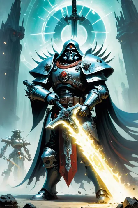 (Imaginary Painting:1.3) of (Graphic novel:1.3) of (Warhammer 40k:1.3), Tech-Priest Dominus, Mechanized robes covered in cybernetic enhancements, wielding an omnissian axe and a volkite blaster, (art by Simon Bisley:1.5) and (art by Frank Frazetta:1.4) , <lora:EnvyCyborgXL01:0.4>, <lora:FaeTastic2:.5>