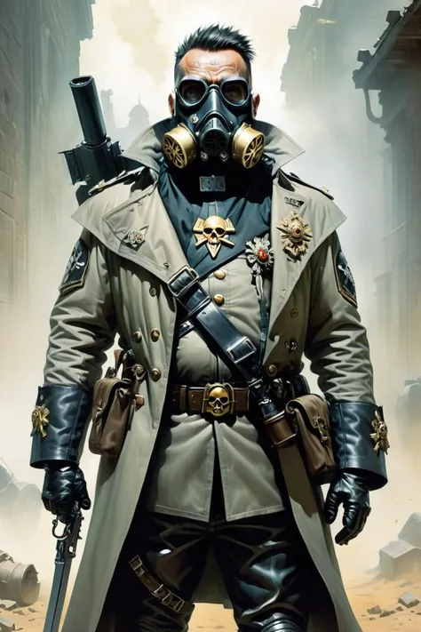 (Imaginary Painting:1.3) of (Graphic novel:1.3) of (Warhammer 40k:1.3), Death Korps of Krieg Officer, Gas mask, trench coat, and gasmask, carrying a lasgun and a ceremonial chainsword, (art by Simon Bisley:1.5) and (art by Frank Frazetta:1.4) , <lora:EnvyCyborgXL01:0.4>, <lora:FaeTastic2:.5>