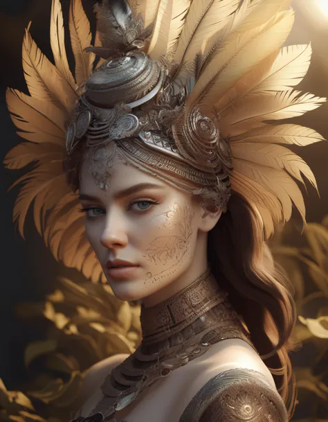 ultra detailed, beautiful fascinating biomechanical female cyborg with a porcelain face, aztec warrior, feathers, piercing, aztec tattoos, mayan earthy details, analog, 1 5 0 mm lens, vanilla leaves and stems, sinuous roots, white blossoms, fine foliage lace, highly detailed, hexagonal mesh wire, mandelbrot fractal, cable wires, microchip, elegant, beautiful natural light, studio lights, rim light, ultra detailed, octane render, volumetric lighting, 8 k post production