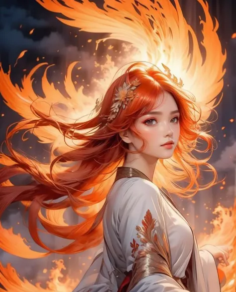 masterpiece, best quality, ultra high res, beautiful, elegant, graceful, award-winning art, 1girl, (style of Yuko Shimizu:1.4), (abstract art:1.2), style of rebecca guay, fu hua\bengluo, white_hair, orange_eyes, streaked_hair, fu hua, orange_hair, red_hair, fire, fiery_hair, hair_between_eyes, multicolored_hair, fu hua\bengluo, fiery_wings,fire, cloaked in flames, dark theme, visually stunning, gorgeous,cloud, fu hua\bengluo, ,fu_hua,fuhua,fuhua/heiyu