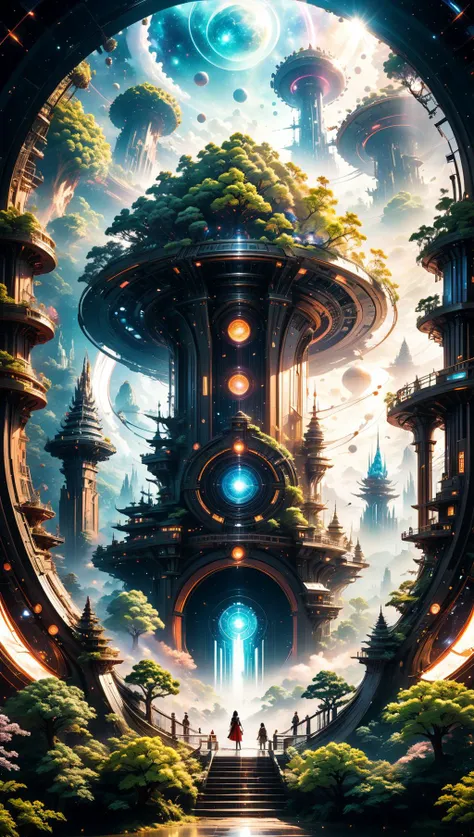 Around the huge circular cosmic interstellar space-time gate, the city of ultra-high Qing Hua Hai fantasy, the city of fantasy, Magnificent alien hyperspace fortress giant circular hyperspace gate, giant fear, giant trees, roots dislocated, colorful, shiny, Crystal clear, dream, mystery, sci-fi, surreal, ultra-clear pictures, HD pixels, ultra-HD, 5D, 8K resolution, Pixel perfect, perfect ultra fine detail<lora:xl_more_art-full_v1:0.8>