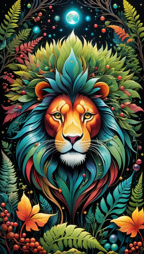 triadic colors, best quality, a close up highly detailed lion, moss, ferns, rowanberries, highly detailed glittering scales, by Craola, Dan Mumford, Andy Kehoe, 2d, flat, cute, adorable, vintage, art on a cracked paper, fairytale, storybook detailed illustration, cinematic, ultra highly detailed, tiny details, beautiful details, mystical, luminism, vibrant colors, complex background<lora:xl_more_art-full_v1:0.5>