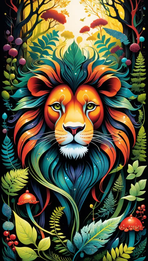 triadic colors, best quality, a close up highly detailed lion, moss, ferns, rowanberries, highly detailed glittering scales, by Craola, Dan Mumford, Andy Kehoe, 2d, flat, cute, adorable, vintage, art on a cracked paper, fairytale, storybook detailed illustration, cinematic, ultra highly detailed, tiny details, beautiful details, mystical, luminism, vibrant colors, complex background<lora:xl_more_art-full_v1:0.5>