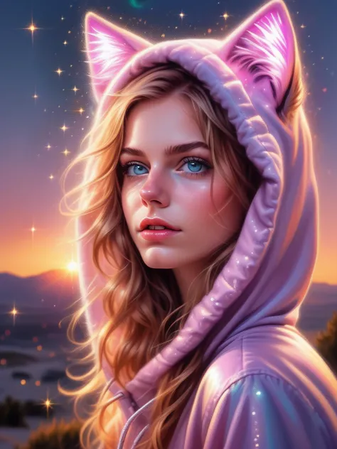 a beautiful modest young girl, SFW, perfect face, a cute girl, (((cheek dimples))), pouting lips, cute nose, detailed eyes, thick wavy hair, dark eyeliner, kitty hoodie, dynamic girly pose, small midriff, vibrant pastels, outdoor, sparkling particles in the air, sunset lighting, young Katie Douglas, Ultra Realistic, Extreme Realism, A Vivid UHD Photograph, 8K, extremely detailed, photorealism, natural light, masterpiece, best quality, amazing, intricate, highly detailed, sharp focus, cinematic,