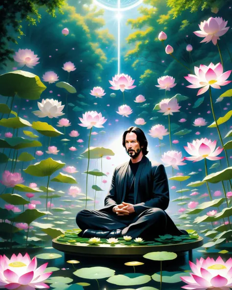 Mysterious, fantasy, illustration: Keanu Reeves meditates in a garden filled with levitating lotus flowers. Cosmic energies are drawn to him, creating an orbit of protective light that repels approaching darkness.