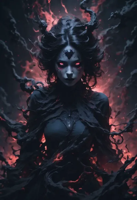 super closeup portrait. Silhouettes of dark ghostly woman. Perfect hands, capture the essence of Gaa's mystical creation. She stands ready to fight intruders. Glowing eyes. Gaa color palette. Nudity. Realistic. DEVIL SPAWN