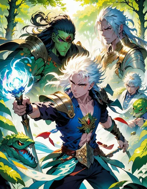 best quality, masterpiece, of a male, dressed as a Warrior, with platinum hair, with a male fantasy hairstyle, wearing a animal mask, medium shot, fighting, In a mystical swamp, where will-o'-the-wisps lead travelers astray,, anime, anime style