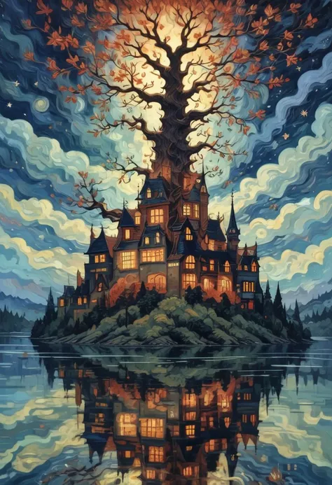 a painting, a sprawling tree branch has grown across the water's surface, its twisted limbs tangled with dark, crimson threads that seem to writhe like snakes. in the foreground, a fitting room door is set into the trunk of the gnarled tree, reflections, naive art, van gogh art style, stary night painting