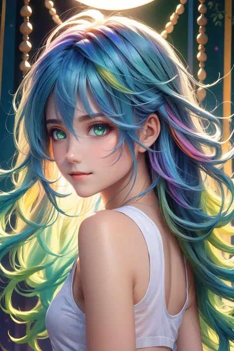 a beautiful blue haired girl, long messy hair, beautiful detailed deep green eyes, cute and beautiful face, shy smile, small breasts, white tank top, upper body view, colorful,
(masterpiece:1.2), (best quality:1.2), ultra-detailed, best shadow, detailed background, high contrast, (best illumination, an extremely delicate and beautiful), ((cinematic light)), hyper detail, dramatic light, intricate details, 8k, very aesthetic,