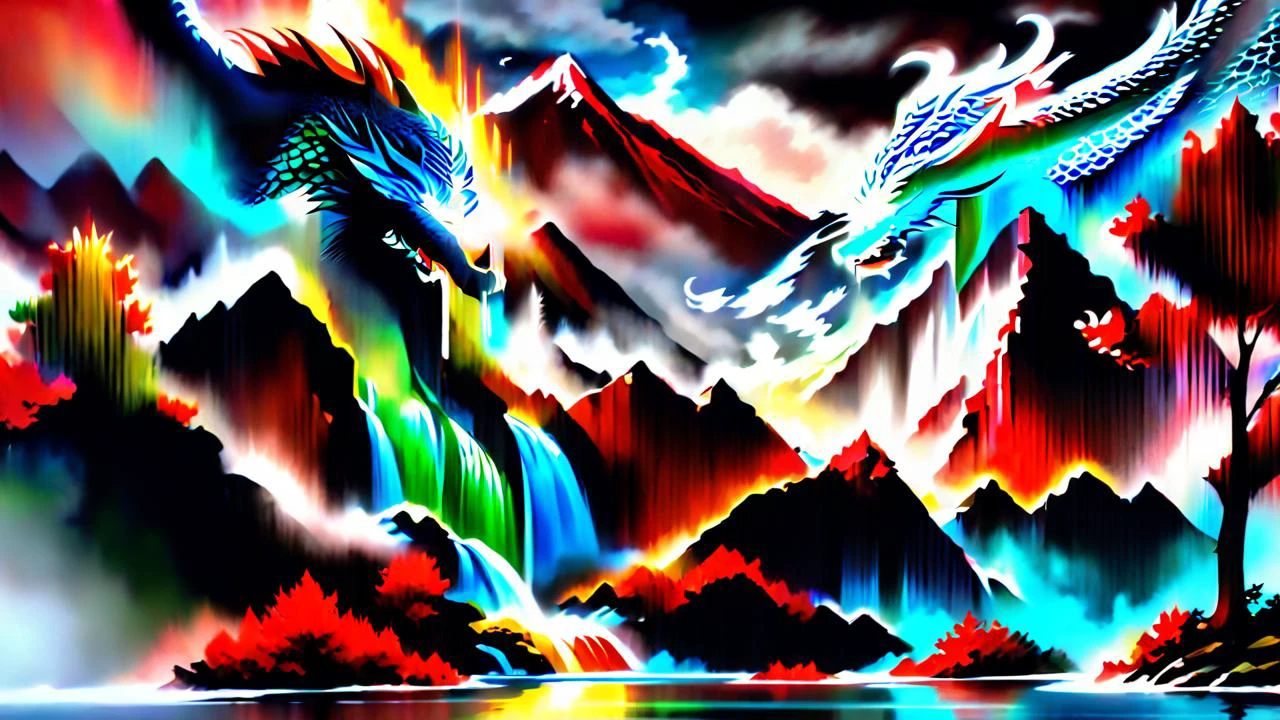 big waterfall in the center of the moutain, <lora:Haute_CoutureXL:0.4> dragon behind mountains, <lora:ChalkDustStyleSDXL:0.8> white background, scenery, ink, mountains, water, large lake with reflections, trees, red trees, birds in sky, magnific landscape, ink style, high quality, lot of detail, large