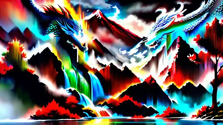 big waterfall in the center of the moutain, <lora:Haute_CoutureXL:0.4> dragon behind mountains, <lora:ChalkDustStyleSDXL:0.8> white background, scenery, ink, mountains, water, large lake with reflections, trees, red trees, birds in sky, magnific landscape, ink style, high quality, lot of detail, large