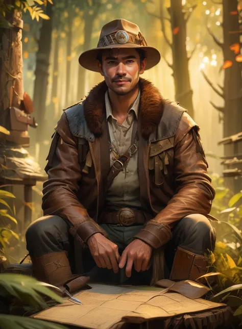 solo, half shot, looking down, detailed background, detailed face, (<lyco:CulturePunkBundle-000007:0.6>, tikiai, tiki theme:1.1), trapper, tracker, smirk, leather clothing, belt, coat, trappers hat, sitting, snare, traps, pelts, hides, autumn forest clearing background, underbrush, fantasy frontier cinematic atmosphere,