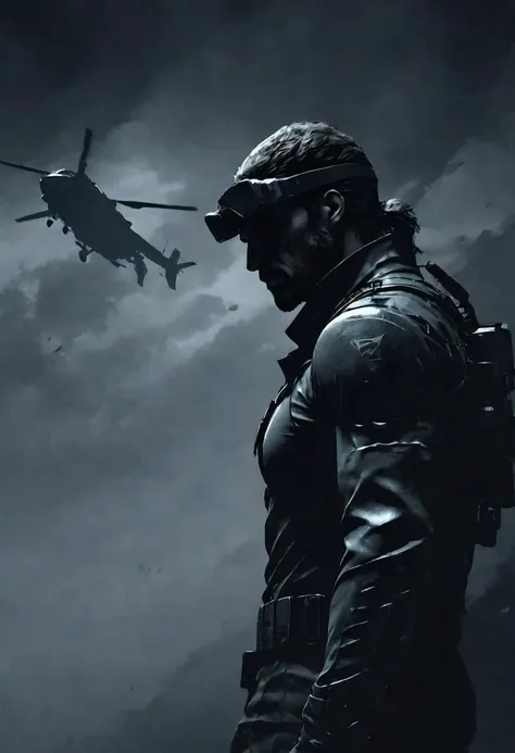 Sideview Silhouette shadow minimalism, Sci-fi Snake mgs, 1male, Metal Gear Solid, 
Standing in door of flying Helicopter, light From behind, cyberwear Headband, Bedouin magician, very detailed, hd, DARK silver used spaceship Background, foggy, smoke, dimmed backlight, PEHighContrast