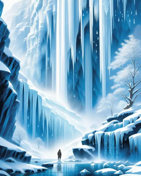 Mysterious, fantasy, illustration: Leonardo DiCaprio lingers on the edge of a cascading, frozen waterfall. He captures and molds droplets into shimmering crystals, each holding a unique story frozen in time.