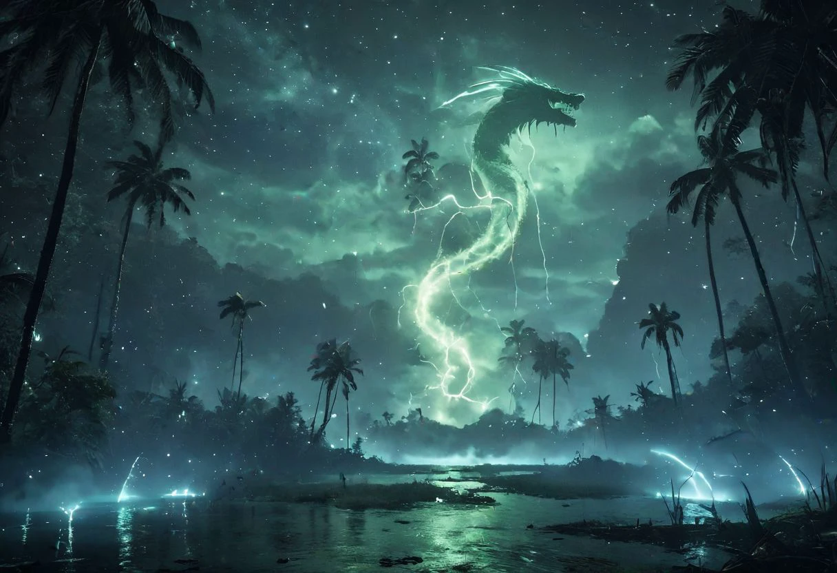night shot, dark tropical lake in the middle of the forest, thick green mist, large blue moon, (silhouette of a huge serpent-like dragon in the sky, head shape like a fish, swallowing the moon), glowing flora, glowing lake, glowing eyes, coconut trees, galaxies and stars in background, (small hut in the middle of the lake is glowing from the inside), focus in the mysterious hut, photorealistic, 8k, unreal engine, super great 3d render, 3d, 3d ray tracking, liquid, super high quality, glowneon, glowing, sparks, lightning, photograph capturing an epic scale with vivid colors, sharp focus, and an unparalleled level of detail aesthetic