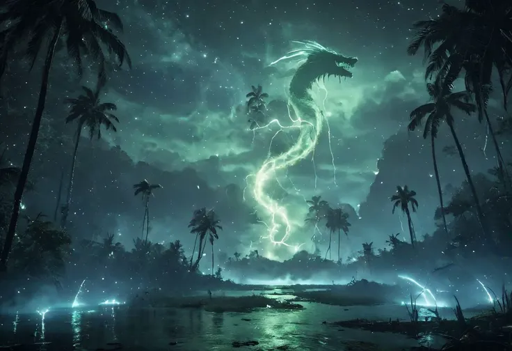 night shot, dark tropical lake in the middle of the forest, thick green mist, large blue moon, (silhouette of a huge serpent-like dragon in the sky, head shape like a fish, swallowing the moon), glowing flora, glowing lake, glowing eyes, coconut trees, galaxies and stars in background,  (small hut in the middle of the lake is glowing from the inside), focus in the mysterious hut, photorealistic, 8k, unreal engine, super great 3d render, 3d, 3d ray tracking, liquid, super high quality, glowneon, glowing, sparks, lightning, photograph capturing an epic scale with vivid colors, sharp focus, and an unparalleled level of detail aesthetic