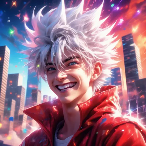 a villainous male with wild white hair, red traditional robes, young man with spikey hair, chaotic hair, close up, adolescent teen, laughing, big excited manic smile, vibrant, glassy translucence, particles in air, bright, city background with multicolored clouds, bright and detailed multicolored luminescent eyes, sparkles in eyes, tough upper body, A Vivid UHD image, 8K, extremely detailed, natural light, masterpiece, best quality, amazing, intricate, highly detailed,