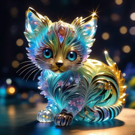 delicate and transparent crystal glass sculpture very sad striped kitten filled with bioluminiscent flowers, sparkling dinamic colors, glitter, luminous opalescent, insanely detailed beautiful fawn crystalized, meticulously detailed filigree fawn, hypermaximalist bioluminescent glowing fawn, shimmering, sparkling, extreme contrast and saturation, underwater particles, magical fantasy artwork, ultra high quality, dramatic lighting, HDR, photorealistic, florescent light