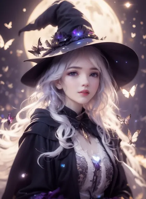(masterpiece, best quality), HD, 1girl,(Tattered clothes:1.1),long white hair, (white stockings:1.1),white large witch hat,witch costume, butterflies, fantasy,(light:1.3),dark theme,magic,moon,upper body, mysterious, fantasy, magic effect, glowing, bokeh