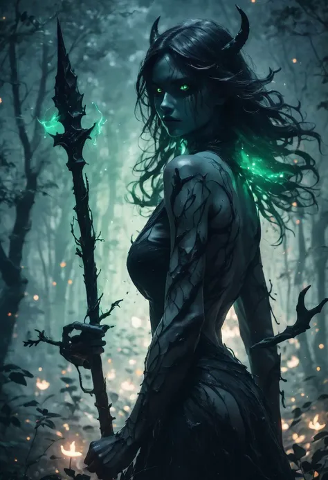 super closeup portrait. Silhouettes of dark ghostly woman. Perfect hands, capture the essence of nature's mystical beings, armed with elf spear. She stands ready to fight intruders. Glowing eyes. Glowing spear. Forest color palette. Nudity. Realistic. DEVIL SPAWN